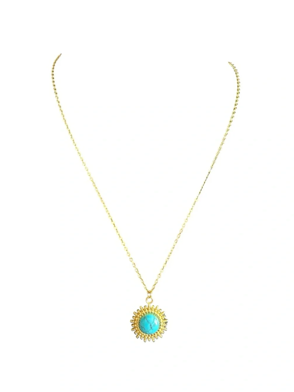 Sunburst 18K Gold Plated Stainless Steel Necklace with Turquoise Stone